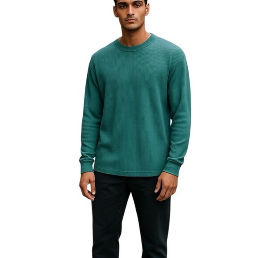 Mens Teal Green Waffle‎ Knit Long Sleeve T-Shirt Casual Comfort Size L